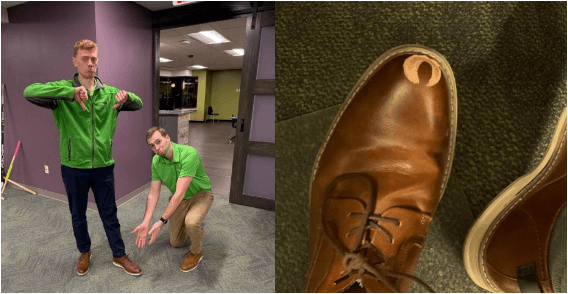 Choice One team members humorously mourning a damaged brown leather shoe during the firm’s Office Olympics, shown alongside a close‑up of the scuffed shoe’s torn toe.